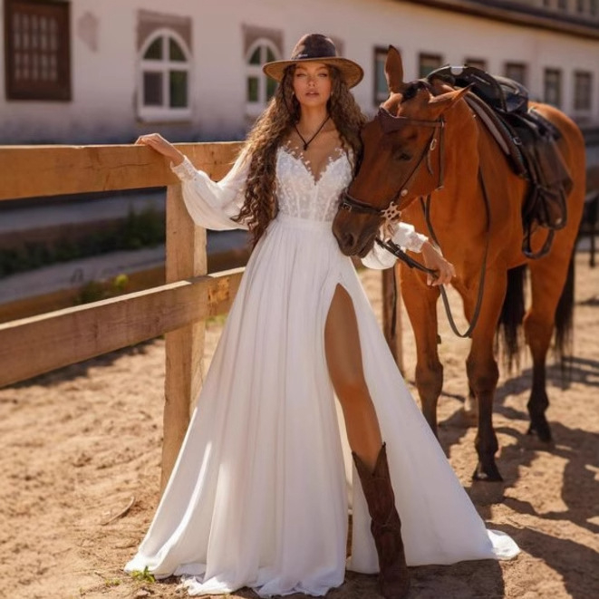 Francuska stil vjenčane haljine od poliestera, dugi rukavi, V-dekolte, suknja sirena s vlakom, srednji struk