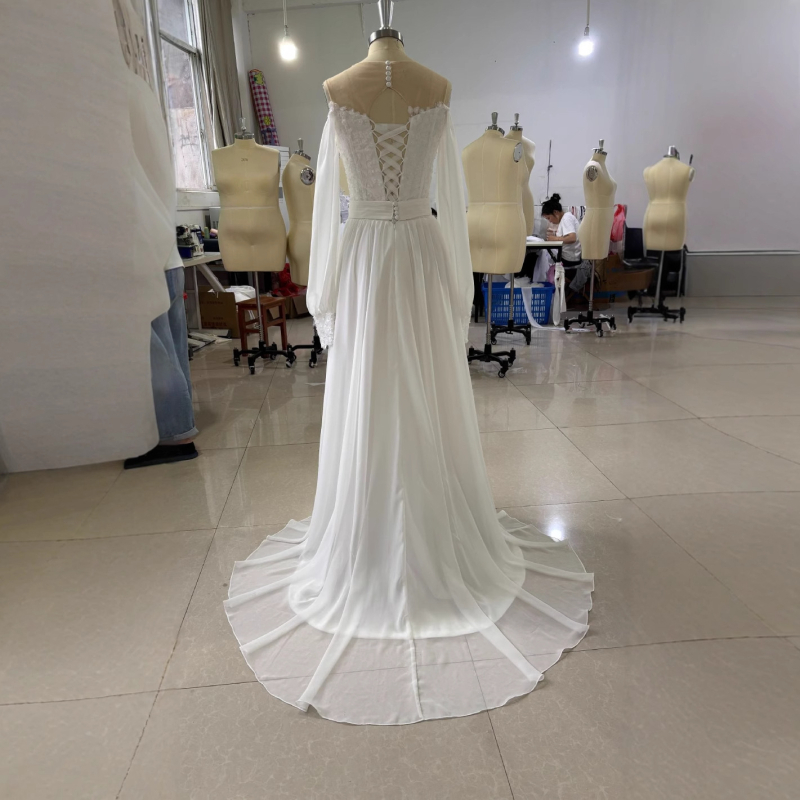 Francuska stil vjenčane haljine od poliestera, dugi rukavi, V-dekolte, suknja sirena s vlakom, srednji struk