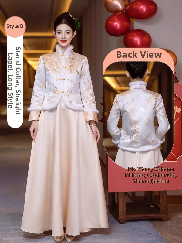 Līgavām paredzēta kleita ar garām piedurknēm, A līnijas siluets, viduklis vidējā augstumā, mercerizēts poliestera audums ar kazas ādas akcentiem zem 30%