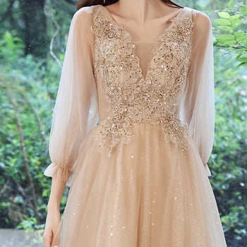 Večernja haljina, visokim strukom, A-linijski kroj, rukavi 3/4, duga suknja, smjesa poliestera