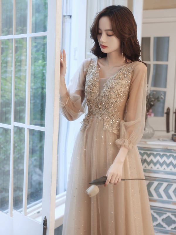 Večernja haljina, visokim strukom, A-linijski kroj, rukavi 3/4, duga suknja, smjesa poliestera