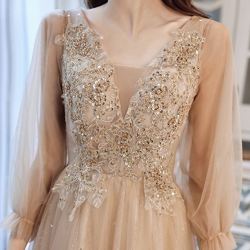 Večernja haljina, visokim strukom, A-linijski kroj, rukavi 3/4, duga suknja, smjesa poliestera