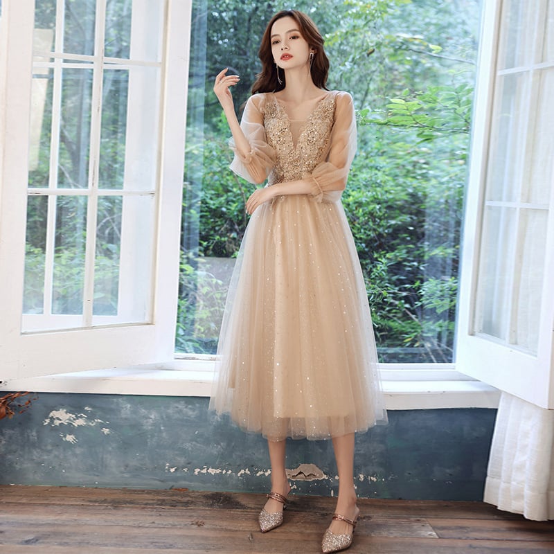 Večernja haljina, visokim strukom, A-linijski kroj, rukavi 3/4, duga suknja, smjesa poliestera