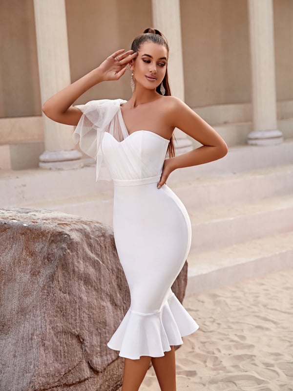 Večernja haljina s jednim ramenom, otvoreni leđa, mrežasta mašna – visok struk, midi duljina, poliester-spandeks