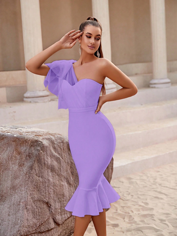 Večernja haljina s jednim ramenom, otvoreni leđa, mrežasta mašna – visok struk, midi duljina, poliester-spandeks