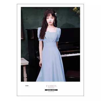 Formális ruha mély V-nyakkal, puffos rövid ujjú, midi szoknya, derék középső, 3D szabás