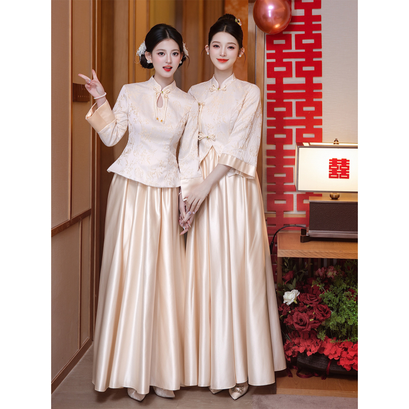 Divu daļu kāzu māsu komplekts ķīniešu stilā, retro, garas piedurknes, mercerizēts poliestera audums