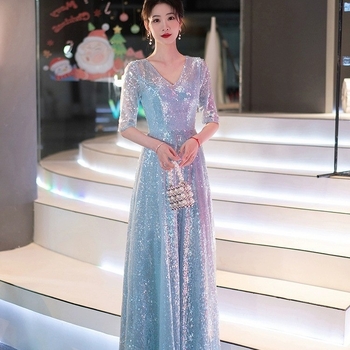 Βραδινό φόρεμα με πάνελ παγιέτες, βαθύ V-ντεκολτέ, μακρύ σιλουέτα Α-γραμμής, μέση