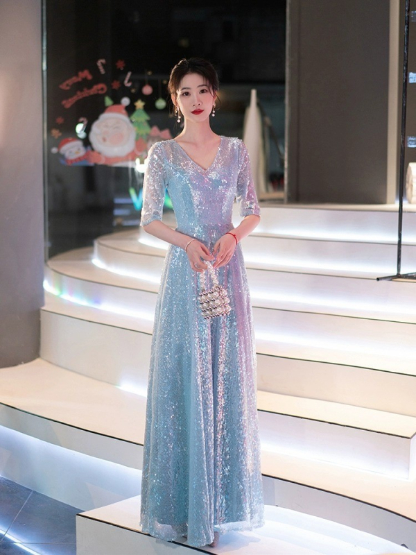 Βραδινό φόρεμα με πάνελ παγιέτες, βαθύ V-ντεκολτέ, μακρύ σιλουέτα Α-γραμμής, μέση