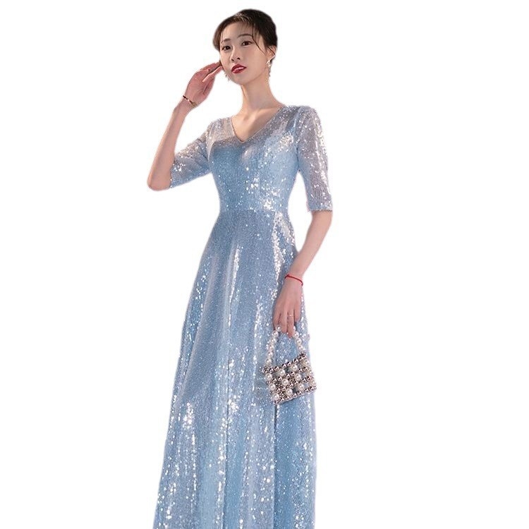 Βραδινό φόρεμα με πάνελ παγιέτες, βαθύ V-ντεκολτέ, μακρύ σιλουέτα Α-γραμμής, μέση