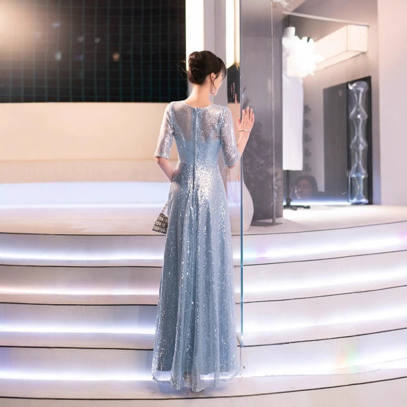 Βραδινό φόρεμα με πάνελ παγιέτες, βαθύ V-ντεκολτέ, μακρύ σιλουέτα Α-γραμμής, μέση