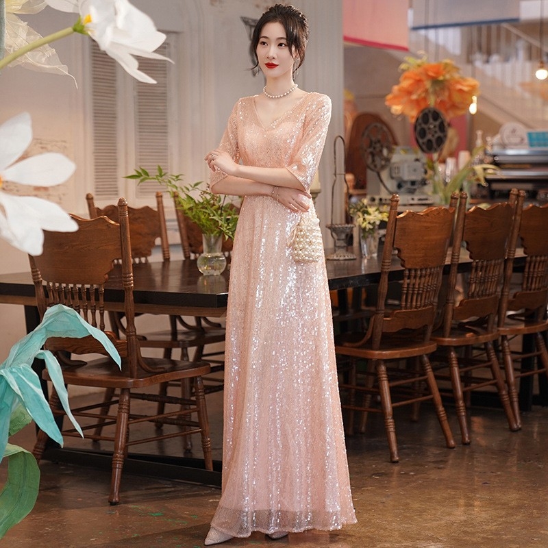 Βραδινό φόρεμα με πάνελ παγιέτες, βαθύ V-ντεκολτέ, μακρύ σιλουέτα Α-γραμμής, μέση