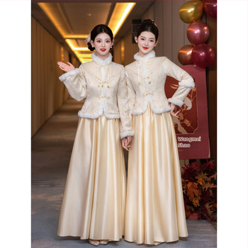 Divdaļīga kāzu kleita ķīniešu stilā, svaiga un salda, garas piedurknes, mandarīnu apkakle, poliesters, vasara 2025