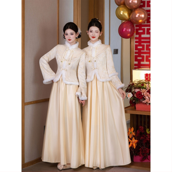 Divdaļīga kāzu kleita ķīniešu stilā, svaiga un salda, garas piedurknes, mandarīnu apkakle, poliesters, vasara 2025