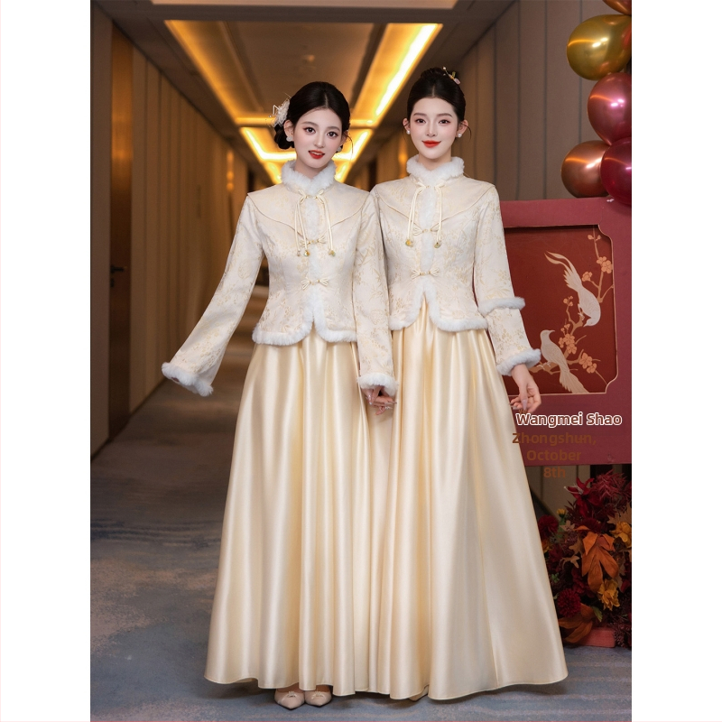 Divdaļīga kāzu kleita ķīniešu stilā, svaiga un salda, garas piedurknes, mandarīnu apkakle, poliesters, vasara 2025