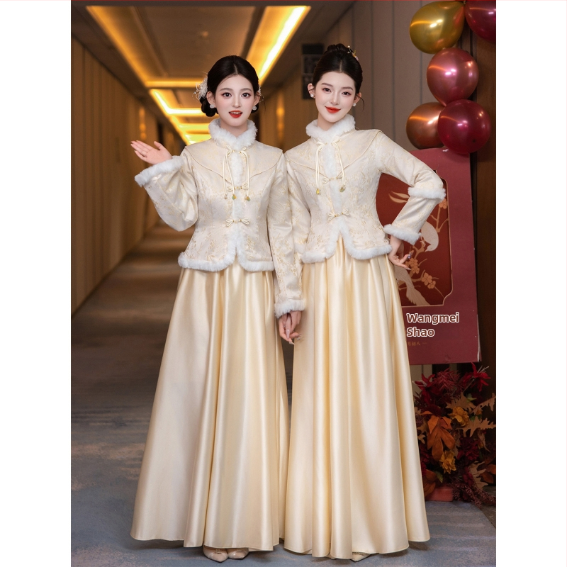 Divdaļīga kāzu kleita ķīniešu stilā, svaiga un salda, garas piedurknes, mandarīnu apkakle, poliesters, vasara 2025