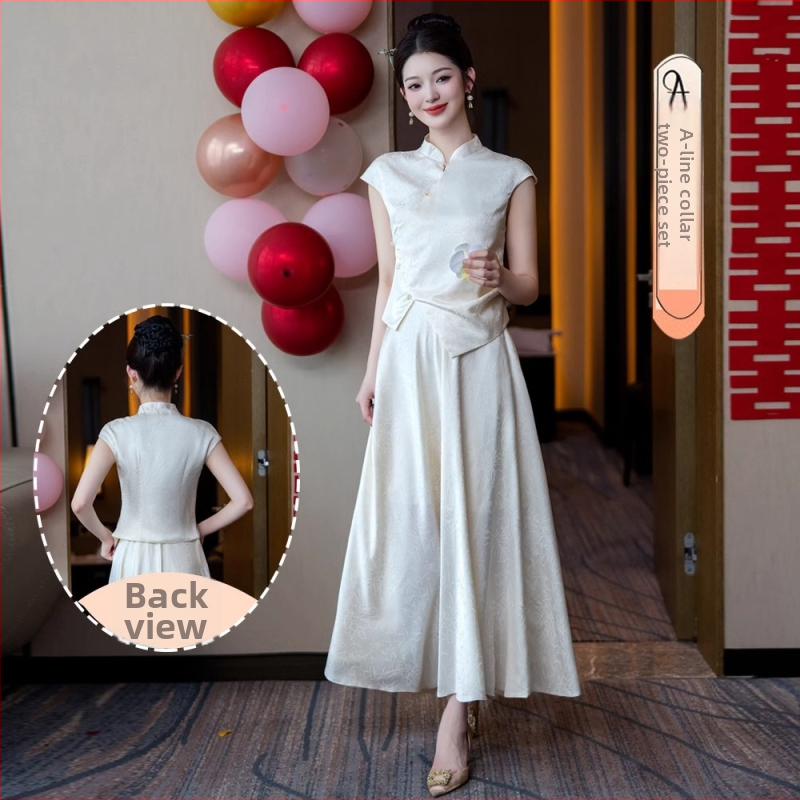 Divdaļīgs ķīniešu stila kumandžu kleitu komplekts, bez piedurknēm, A līnijas midi garums, stāvošā apkakle ar dubultiem lapām, reljēts poliesters 70–80%, vasara 2025