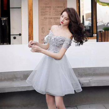 Õhtukleit ühe õla, kõrge vöökoht, A-line, keskmise pikkusega, polüester