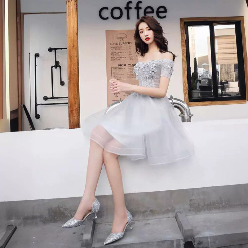 Õhtukleit ühe õla, kõrge vöökoht, A-line, keskmise pikkusega, polüester