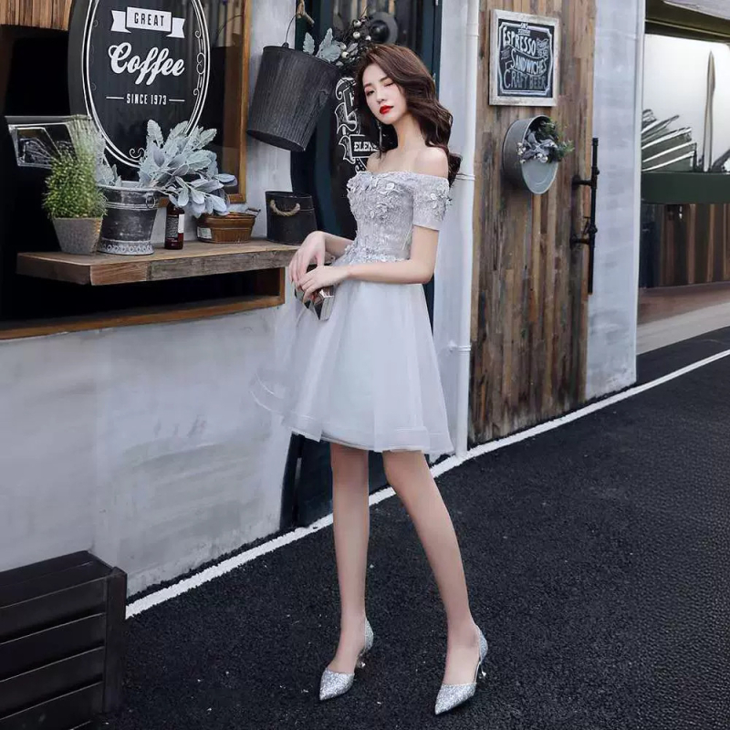 Õhtukleit ühe õla, kõrge vöökoht, A-line, keskmise pikkusega, polüester