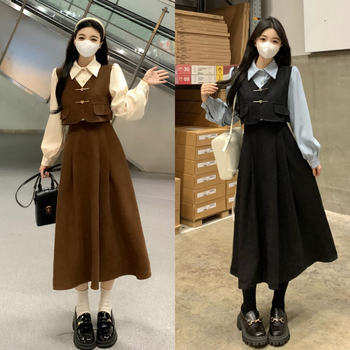 Haljina od brushed corduroy s patchworkom, Polo ovratnik, pufasti rukavi, duga A-linija silueta