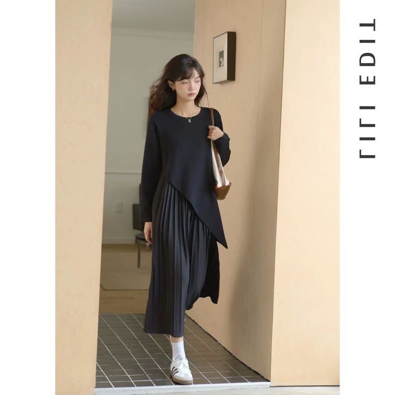 Haljina s lažnim dvodijelnim dizajnom, pleteni, 3D efekt, poliester, plisirana duga suknja, dugi rukavi (Poliester; 3D efekt; Lažno dvodijelni dizajn; Pleteni; Plisirana duga suknja)