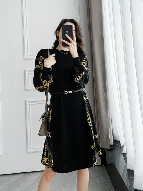Plus-size šifon floralna A-linijska midi haljina, okrugli izrez, dugi rukavi, viskozno-nijlon smjesa, jesen 2025