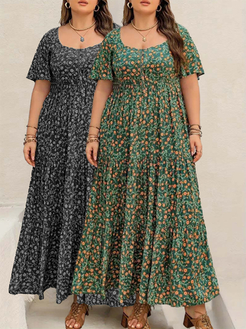 Boho stil haljina s cvjetnim uzorkom, silueta sirene, okrugli izrez, rukavi 3/4