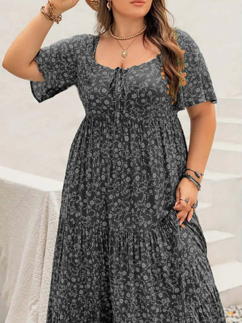 Boho stil haljina s cvjetnim uzorkom, silueta sirene, okrugli izrez, rukavi 3/4