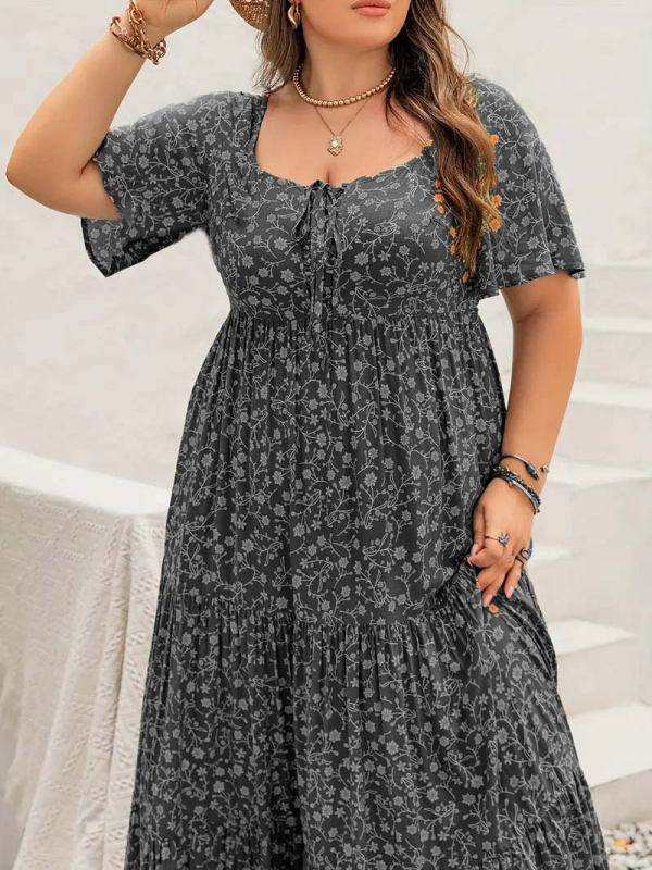 Boho stil haljina s cvjetnim uzorkom, silueta sirene, okrugli izrez, rukavi 3/4