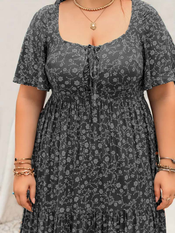 Boho stil haljina s cvjetnim uzorkom, silueta sirene, okrugli izrez, rukavi 3/4