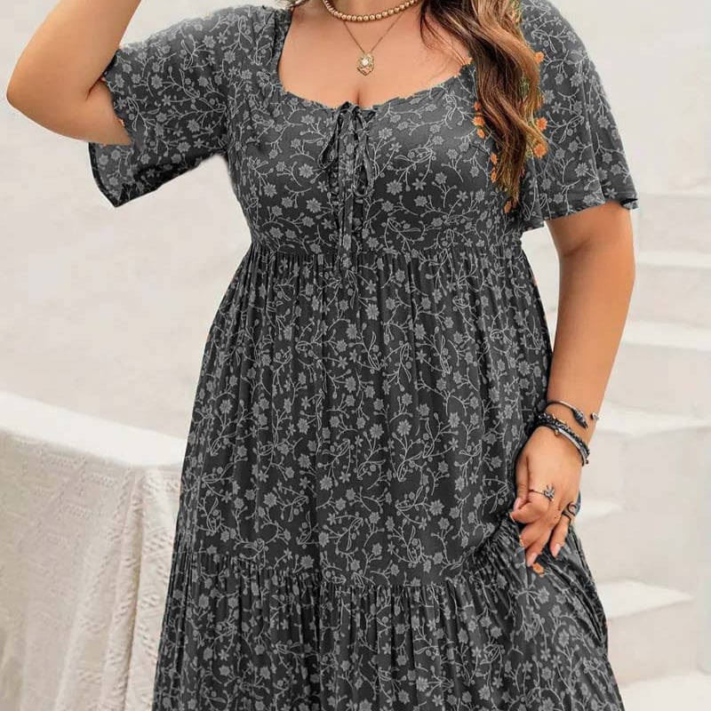 Boho stil haljina s cvjetnim uzorkom, silueta sirene, okrugli izrez, rukavi 3/4