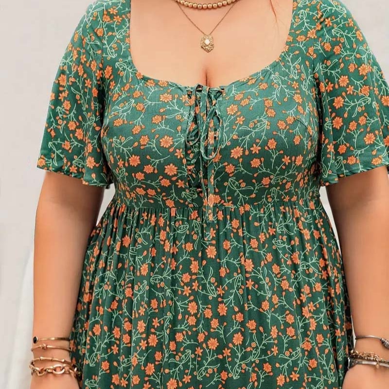 Boho stil haljina s cvjetnim uzorkom, silueta sirene, okrugli izrez, rukavi 3/4