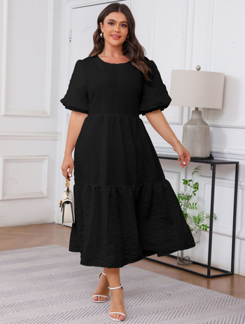 Boho maxi haljina s okruglim izrezom, 3/4 rukavi, A-linijski kroj, poliester