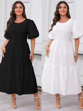 Boho maxi haljina s okruglim izrezom, 3/4 rukavi, A-linijski kroj, poliester