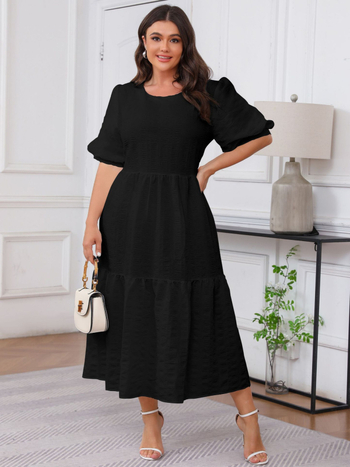 Boho maxi haljina s okruglim izrezom, 3/4 rukavi, A-linijski kroj, poliester