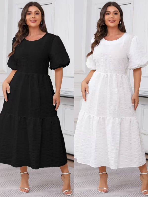 Boho maxi haljina s okruglim izrezom, 3/4 rukavi, A-linijski kroj, poliester
