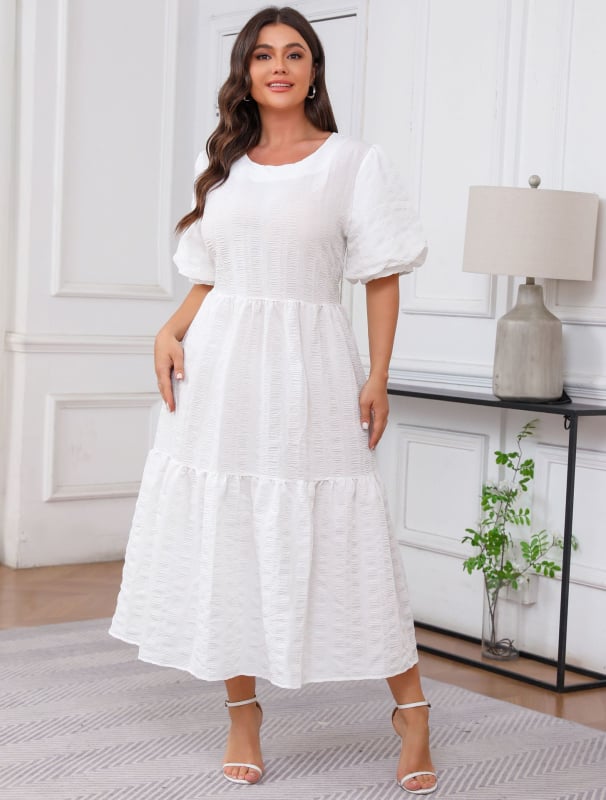 Boho maxi haljina s okruglim izrezom, 3/4 rukavi, A-linijski kroj, poliester