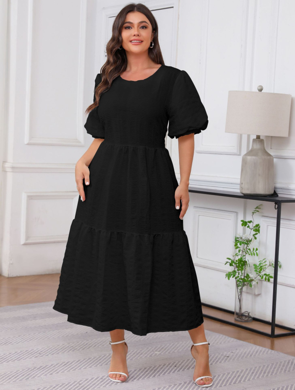 Boho maxi haljina s okruglim izrezom, 3/4 rukavi, A-linijski kroj, poliester