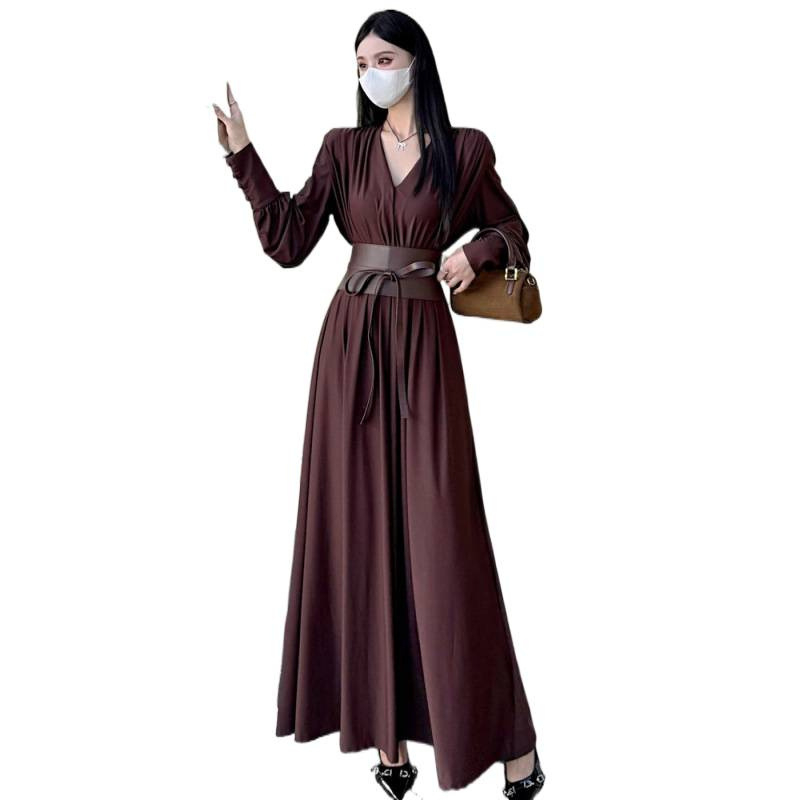 Елегантна рокля с талиев пояс и връзка, V-образно деколте, полиестерна тъкан, дълги ръкави