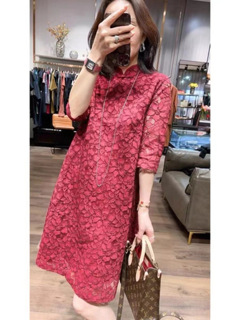 Čipkasta haljina u kineskom stilu Cheongsam, A-linija, stojeći ovratnik, 3/4 rukavi (čipka; kineski stil; A-linija; stojeći ovratnik; 3/4 rukavi)