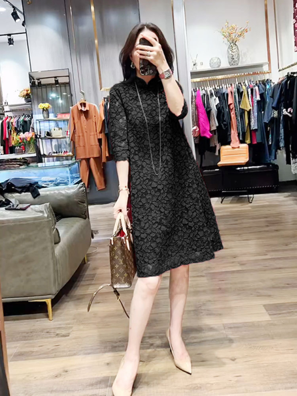 Čipkasta haljina u kineskom stilu Cheongsam, A-linija, stojeći ovratnik, 3/4 rukavi (čipka; kineski stil; A-linija; stojeći ovratnik; 3/4 rukavi)