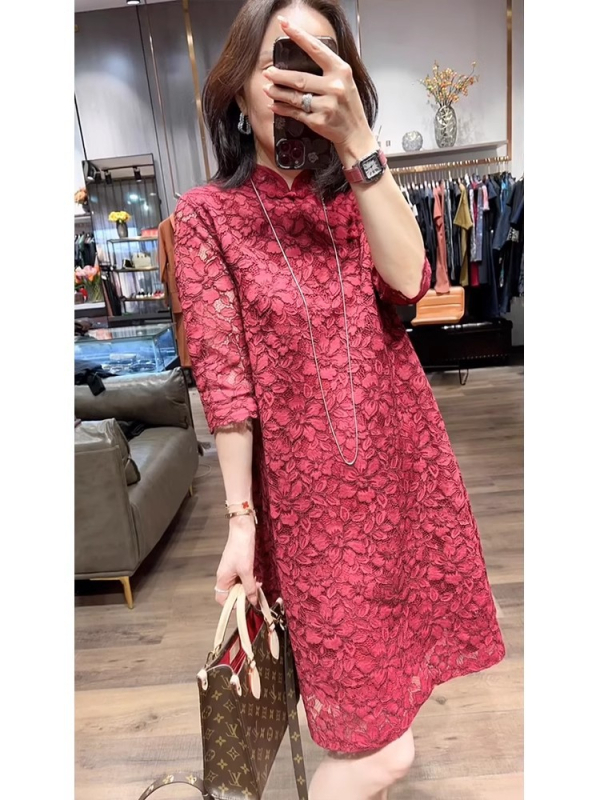 Čipkasta haljina u kineskom stilu Cheongsam, A-linija, stojeći ovratnik, 3/4 rukavi (čipka; kineski stil; A-linija; stojeći ovratnik; 3/4 rukavi)