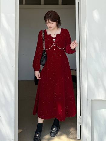 Ženska haljina s francuskim stilom, flocking tkanina, poliester-elastan smjesa, puf rukavi, kvadratni ovratnik