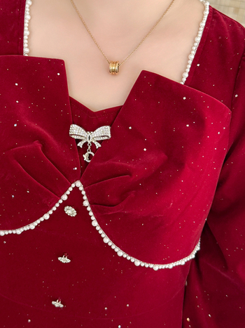 Ženska haljina s francuskim stilom, flocking tkanina, poliester-elastan smjesa, puf rukavi, kvadratni ovratnik