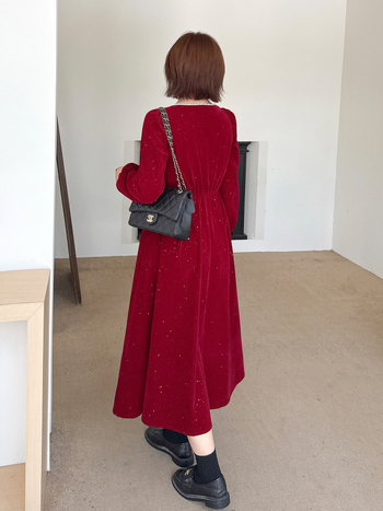 Ženska haljina s francuskim stilom, flocking tkanina, poliester-elastan smjesa, puf rukavi, kvadratni ovratnik