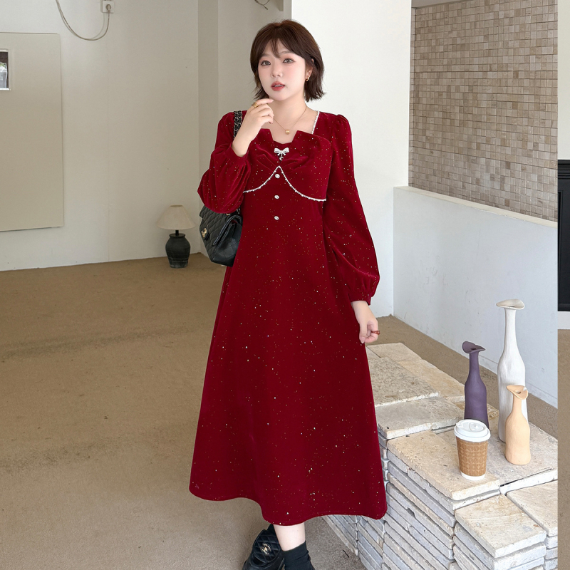 Ženska haljina s francuskim stilom, flocking tkanina, poliester-elastan smjesa, puf rukavi, kvadratni ovratnik