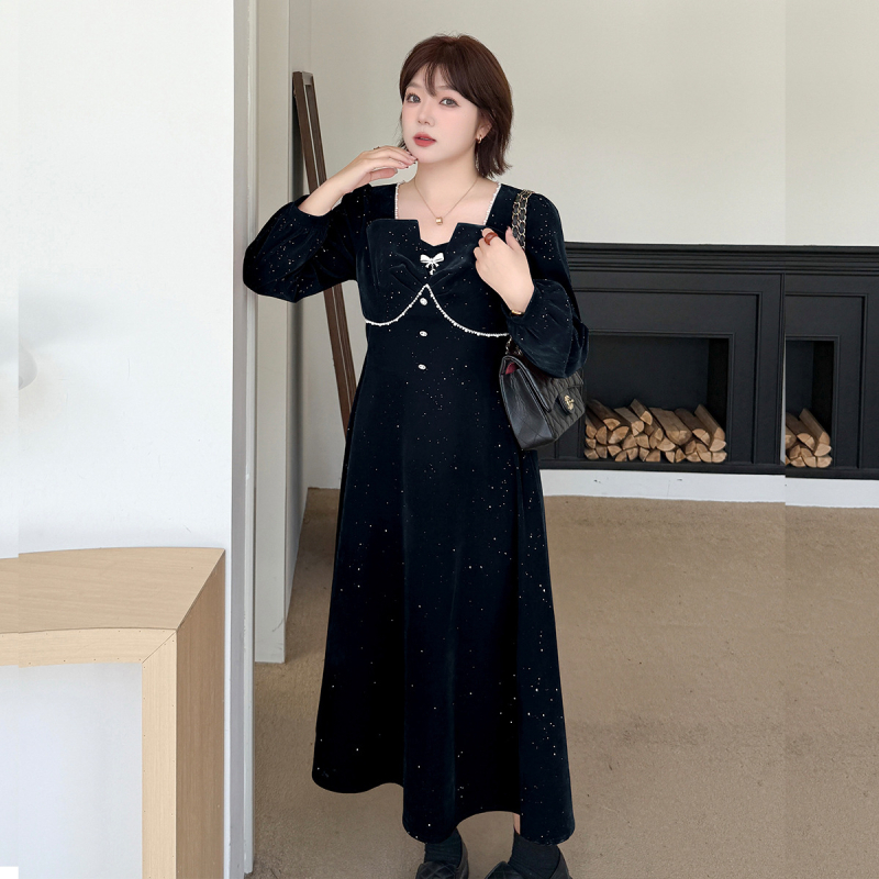 Ženska haljina s francuskim stilom, flocking tkanina, poliester-elastan smjesa, puf rukavi, kvadratni ovratnik