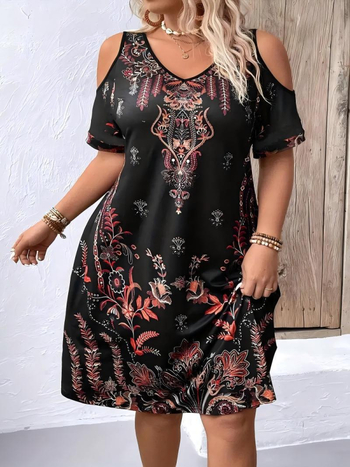 Elegantna haljina s otvorenim ramenima i V-izrezom, otisak, poliester, A-linijski kroj