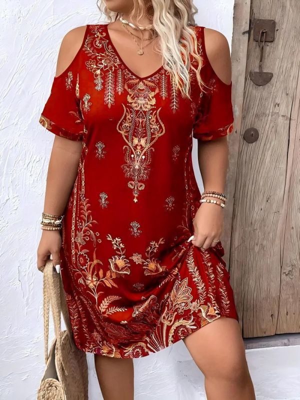 Elegantna haljina s otvorenim ramenima i V-izrezom, otisak, poliester, A-linijski kroj